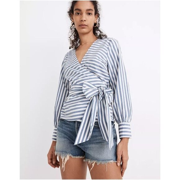 Madewell Tops - Madewell‎ Cuffed-Sleeve Wrap Top in Stripe Blue White Size Medium NWT